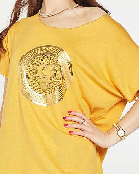 Horčicové dámske tričko so zlatou potlačou a kubickými zirkónmi - Oblečenie