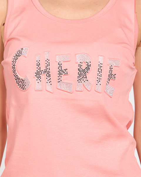 Koralový dámsky top s nápisom a kubickými zirkónmi - Oblečenie