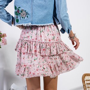 Krátka púdrová sukňa s kvetinovými volánmi - Oblečenie