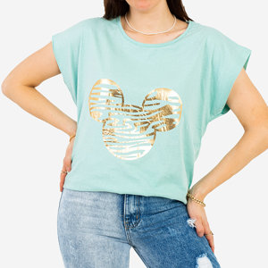 Mint dámske tričko so zlatou potlačou myši - Oblečenie