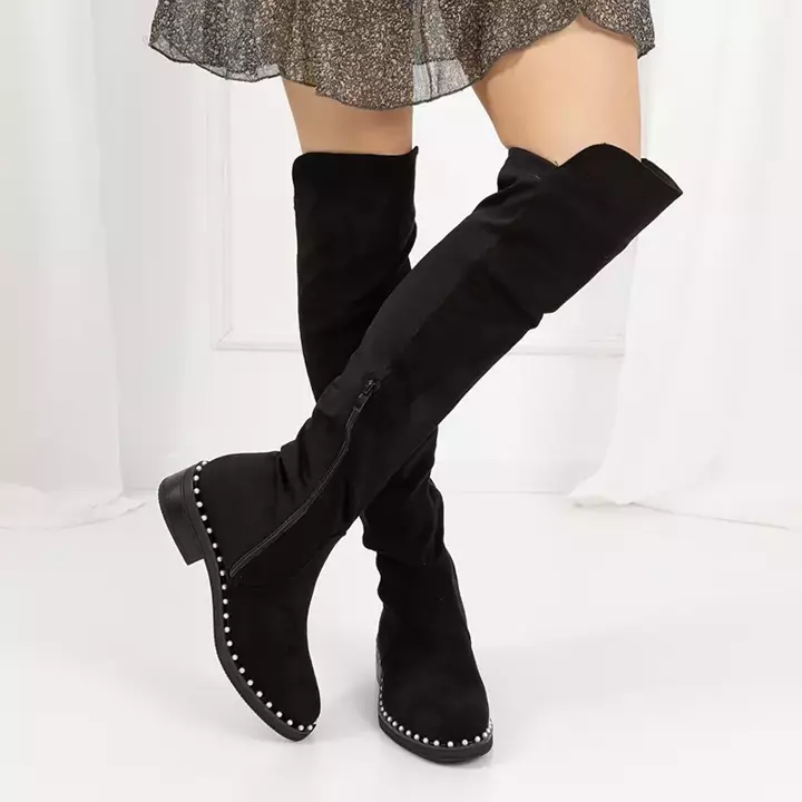 OUTLET Čierne čižmy nad kolená s perlami na podrážke Hall-Shoes