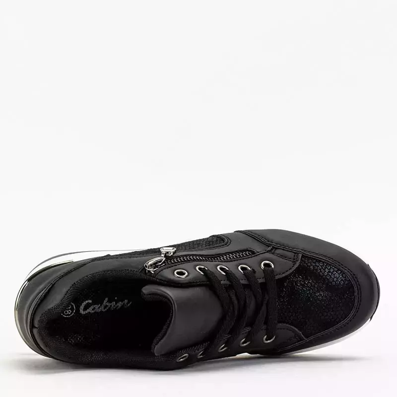 OUTLET Čierne dámske športové topánky na nízkom podpätku s leskom Kirina - Obuv