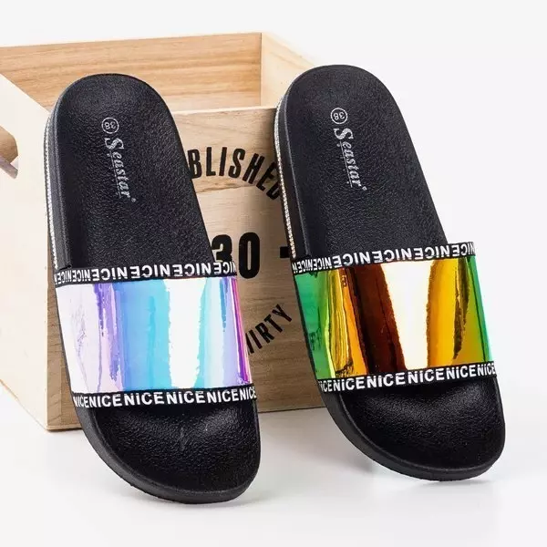 OUTLET Čierne papuče s holografickým žltým pruhom Rinata - topánky