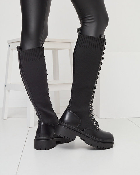 OUTLET Dámske šnurovacie čižmy nad kolená v čiernej farbe Traddid- Obuv