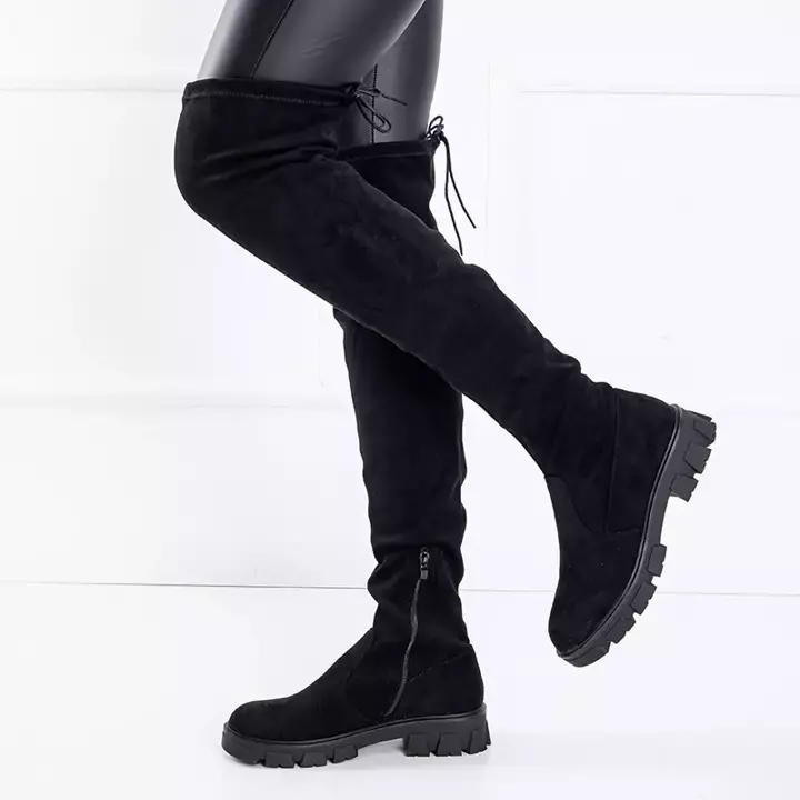 OUTLET Eco - čierne semišové čižmy na plochom podpätku nad kolená. Engi- Topánky