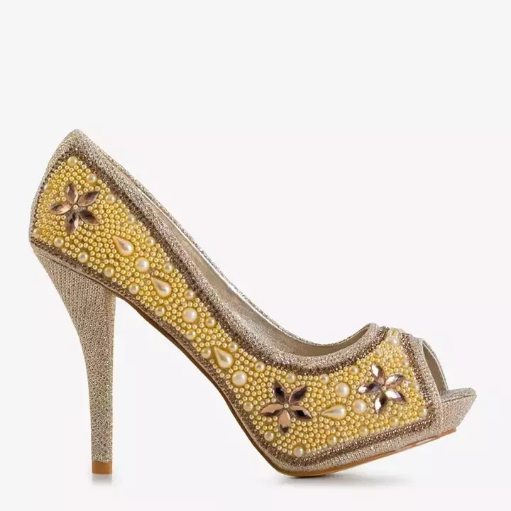 OUTLET Zlaté dámske brokátové lodičky so zirkónmi a perlami Gitana - topánky