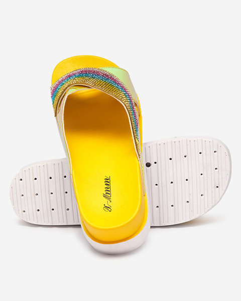 OUTLET Žlté dámske holografické papuče s flitrami Yalay - Footwear