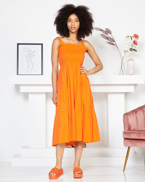 Oranžové dámske dlhé šaty na ramienka - Oblečenie