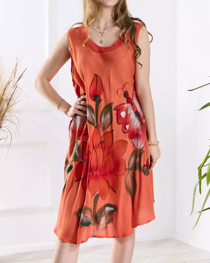 Oranžové plážové šaty - sukňa s farebnou potlačou - Oblečenie