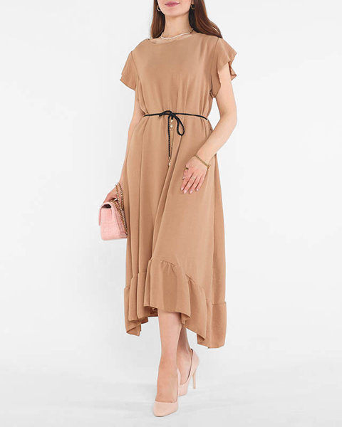 Svetlohnedé dámske šaty s volánmi a viazaním v páse - Oblečenie