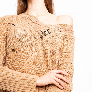 Svetlohnedý dámsky dlhý prelamovaný sveter - Oblečenie