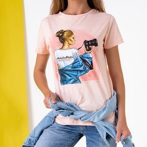 Svetloružové dámske bavlnené tričko s potlačou - Oblečenie