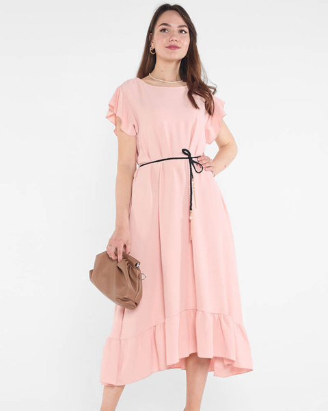 Svetloružové dámske šaty s volánmi a viazaním v páse - Oblečenie