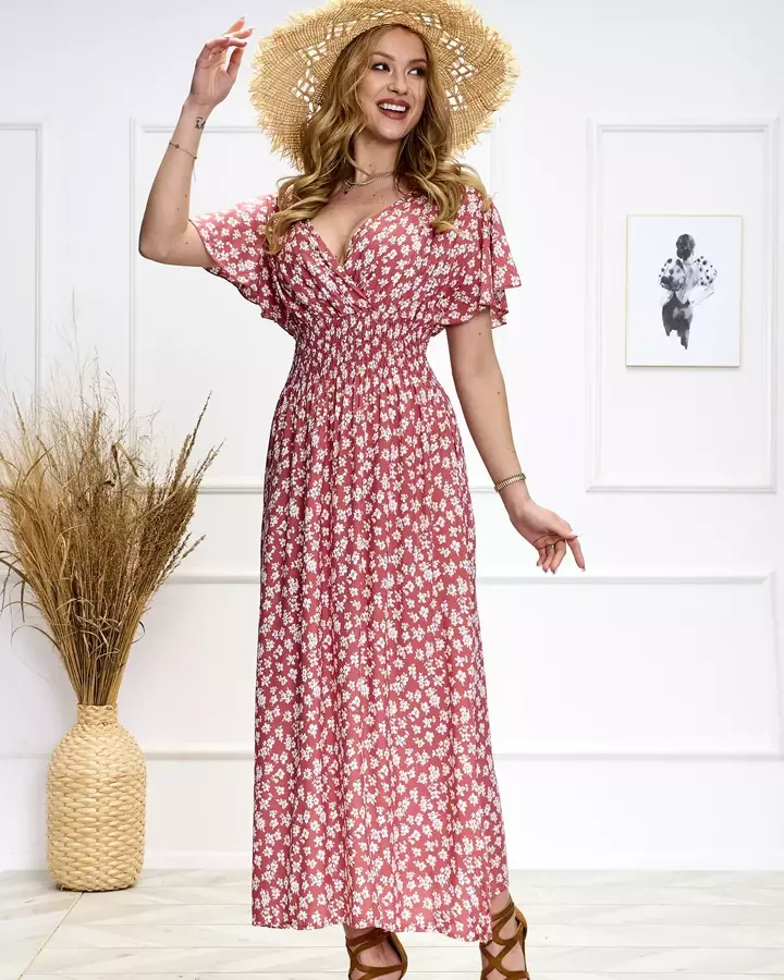 Tmavoružové dámske maxi šaty s kvetinovým vzorom - Oblečenie