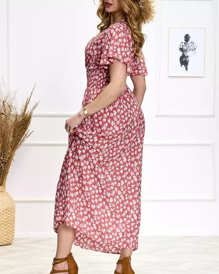 Tmavoružové dámske maxi šaty s kvetinovým vzorom - Oblečenie