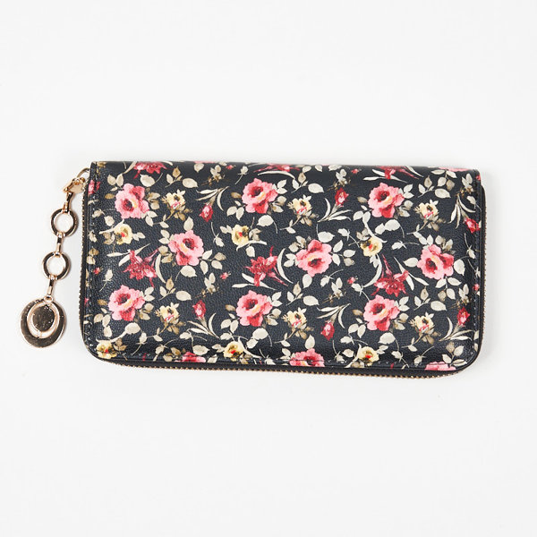 Veľká čierno-červená dámska peňaženka s kvetinovým vzorom - Doplnky