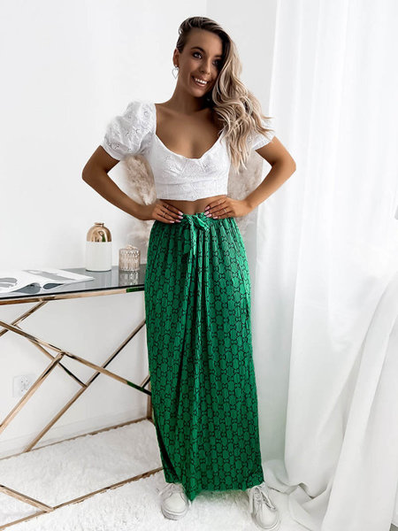 Zelená dámska plisovaná maxi sukňa so vzormi - Oblečenie