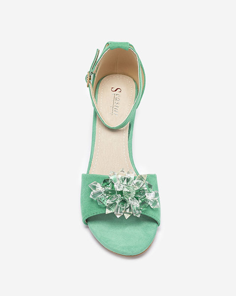 Zelené dámske sandále na podpätku s ozdobnými kryštálmi Cerosso- Obuv
