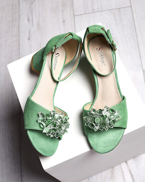 Zelené dámske sandále na podpätku s ozdobnými kryštálmi Cerosso- Obuv