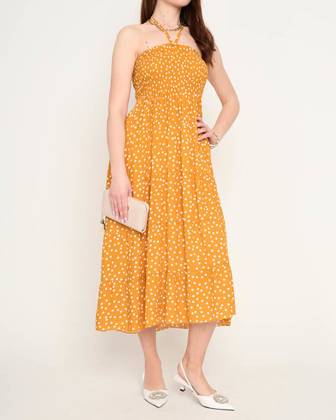 Žlté dámske midi šaty s bodkami - Oblečenie