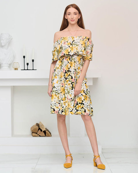 Žlté šaty po kolená s viacfarebným kvetinovým vzorom - Oblečenie